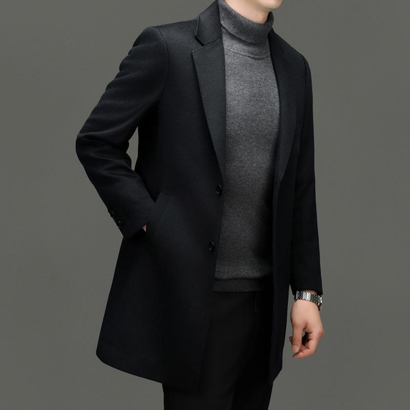 Herren Mittellanger Woll-Kaschmir-Mantel - Herbst Winter Lässiger Windbreaker Anzug
