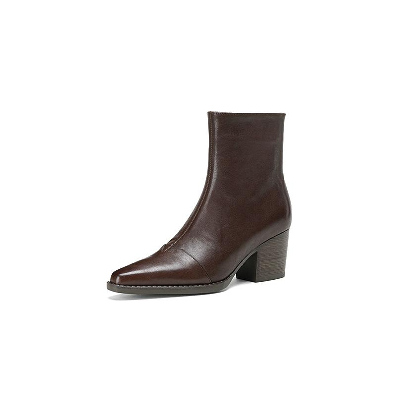 Premium Retro Brown Thick Heel Pointed Short Boots Women's 2025 Autumn and Winter Side Zipper Splicing Genuine Leather Chelsea Boots