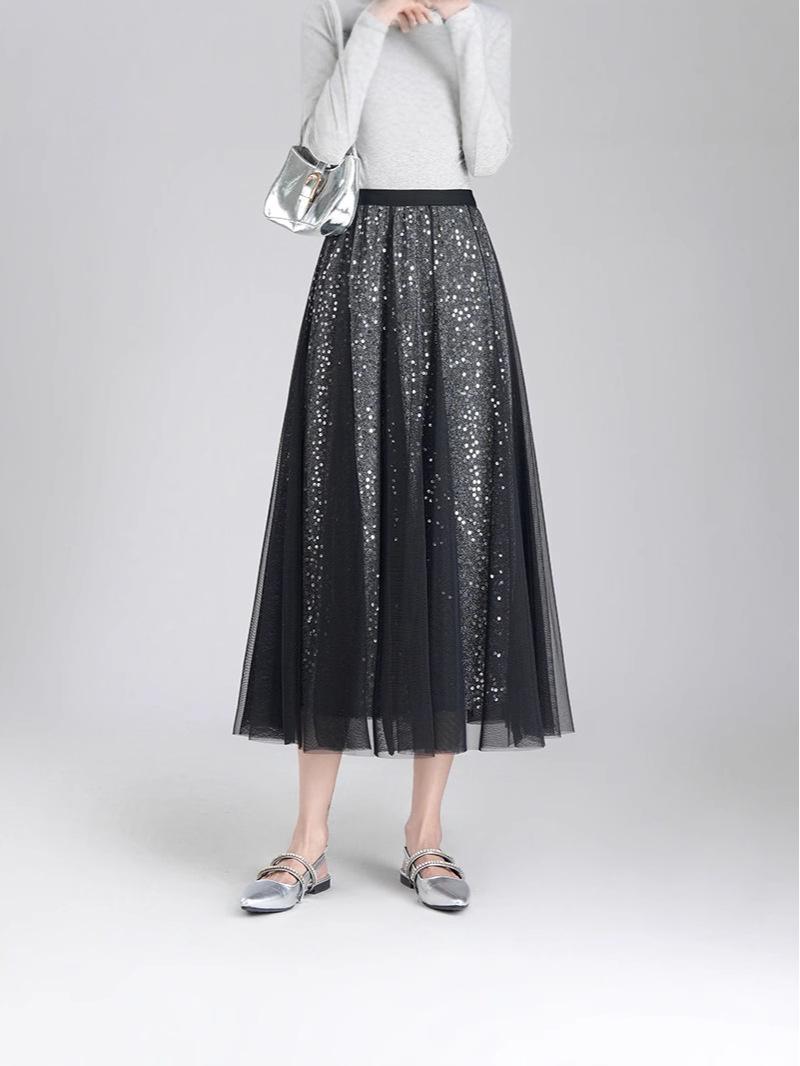 

2025 Spring Women s High-Waist Sequin Mesh Midi Skirt - Stylish Korean Fashion One Size