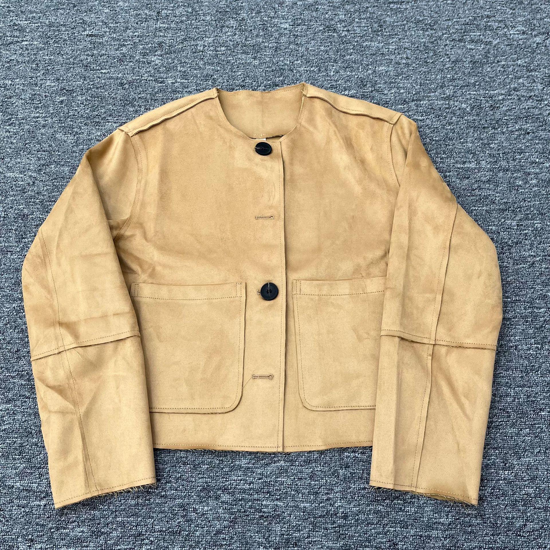 

2024 Autumn/Winter Women s Slim Suede Jacket - Simple Round Neck Style S