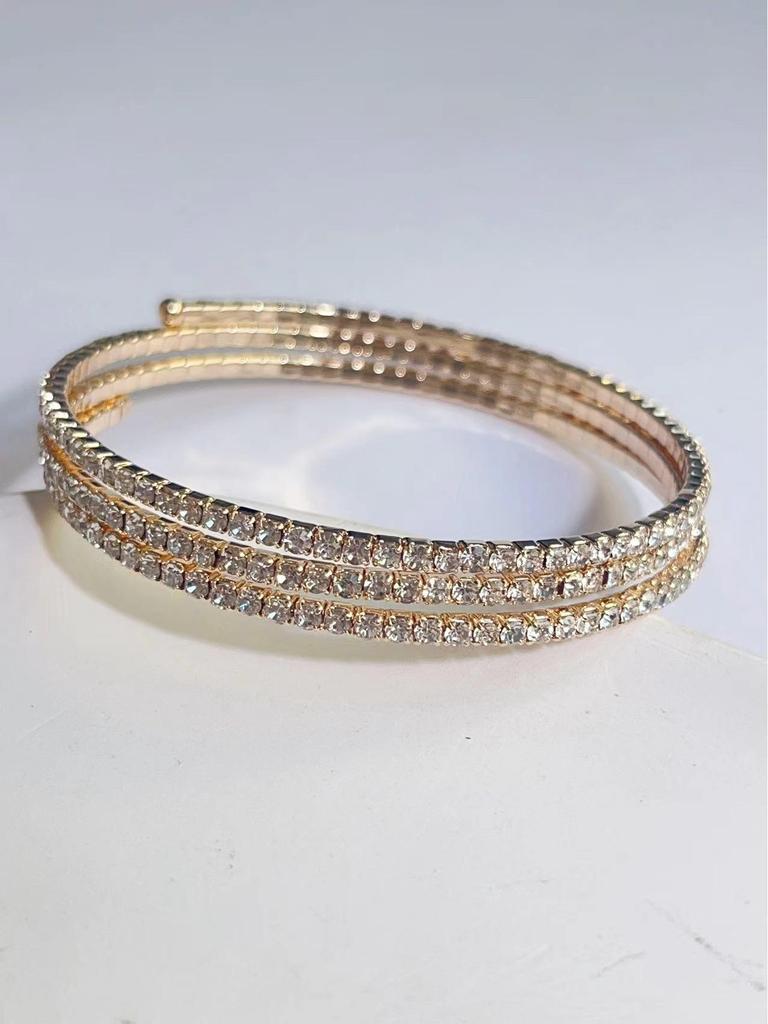 European & American Luxury Full Diamond Open Bangle - Three-Layer Rhinestone Spring Bracelet for Women, 2MM, Fashionable & Versatile High-End Jewelry.