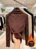 Women's Autumn/Winter High Neck Lace Jacquard Plus Velvet Base Layer Top