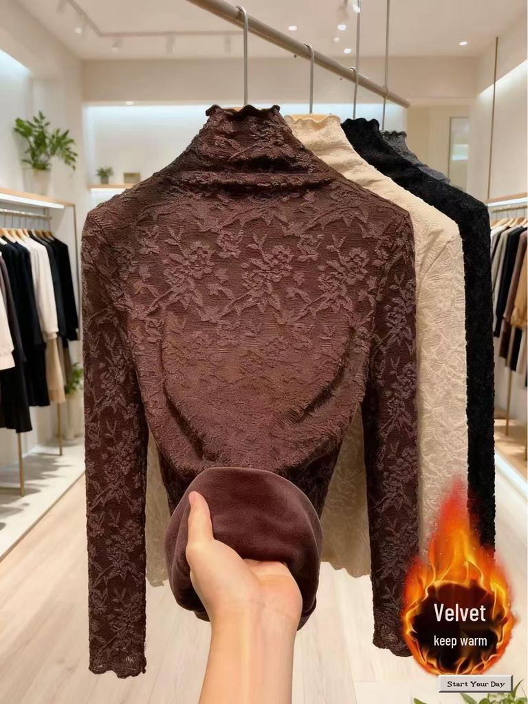 Women's High-Neck Lace Jacquard Base Layer Top - Fleece or Thin-Lined for Autumn & Winter Warmth.