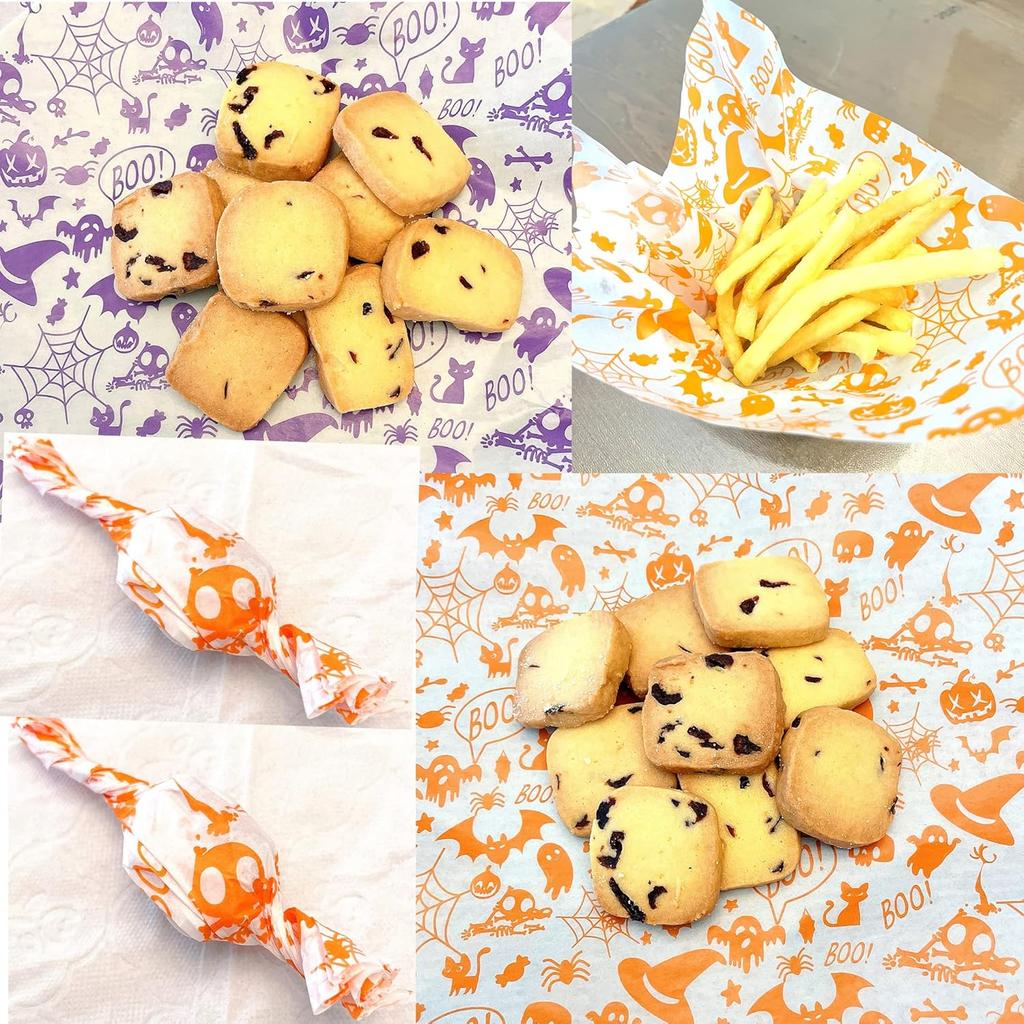 100pcs Halloween Wax Paper Sheet, Food Picnic Printed with Ghost, Spider, Pumpkin and Spiderweb, Greaseproof, Waterproof Dry Hamburger Liners