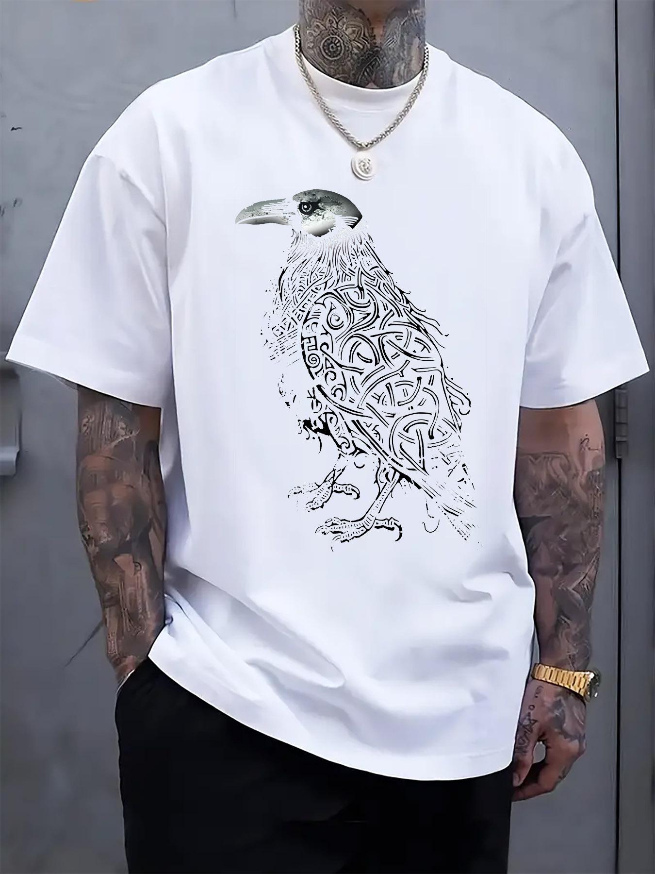Casual Graphic Print T-shirt with Intricate Crow Design - Short Sleeve XL