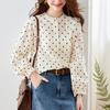 Round Neck Polka Dot Shirt for Women Long Sleeve Spring Puff Sleeve Top Temperament Lady Pure Cotton Shirt