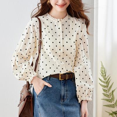 Round Neck Polka Dot Shirt for Women Long Sleeve Spring Puff Sleeve Top Temperament Lady Pure Cotton Shirt