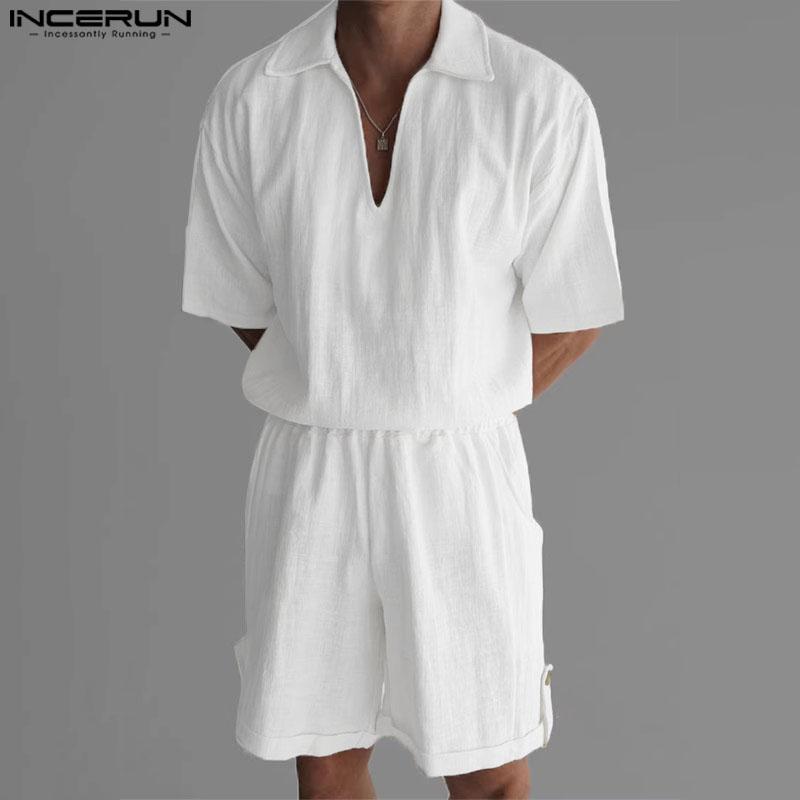 INCERUN Two Piece Suit Men V Neck Short Sleeve Shirts Shorts Casual Outfits Sets