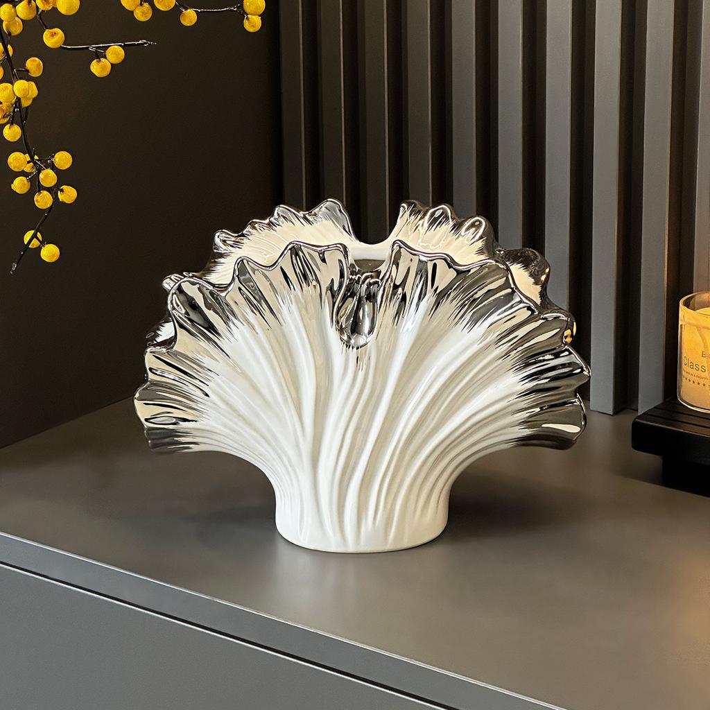 Ceramic Vase Simulated Shell Vase Gradient Silver Irregular Leaf Shape Flower Vase Home Decoration Accessories Terrarium