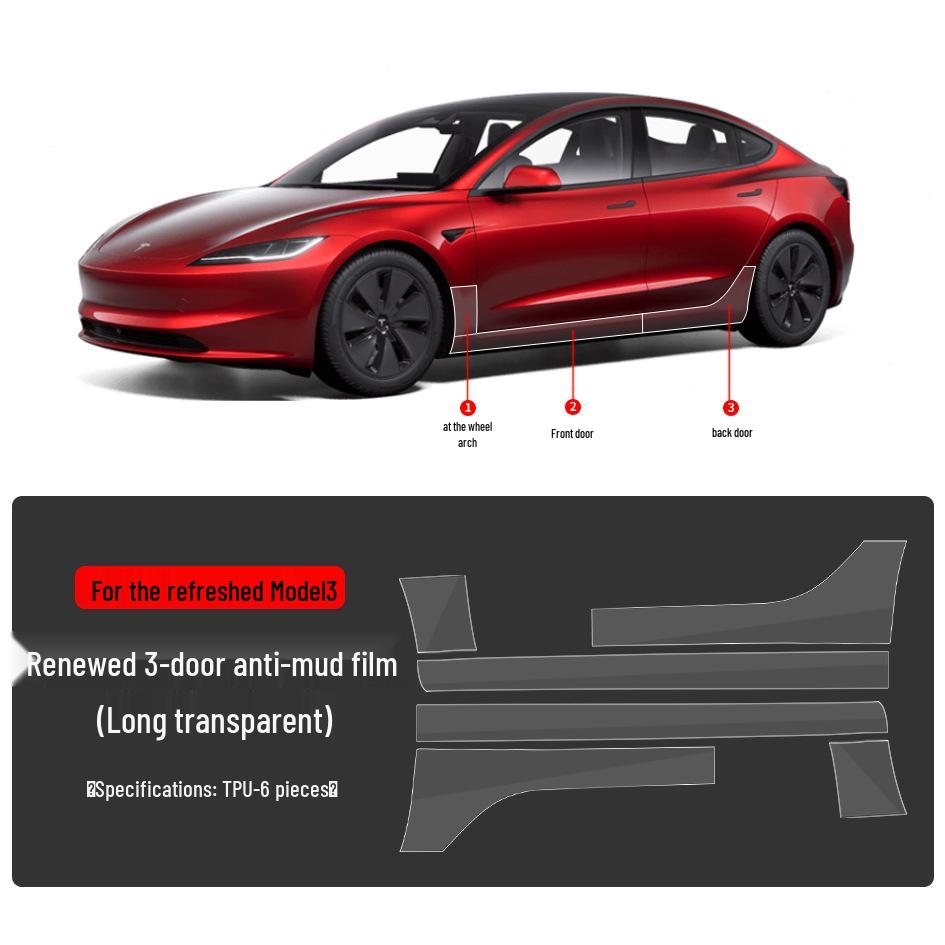 Tesla Model 3/Y TPU Anti-Mud Smoked Film: Headlight, Taillight, Center Pillar, Door Handle Protection.