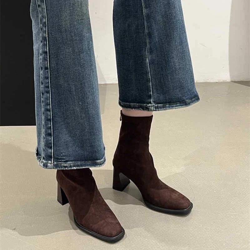 Mode Damen Stretch Stiefeletten Mode Elegant Modern Schmal Kurze Stiefeletten Herbst Winter Damen Reißverschluss hinten Schuhe