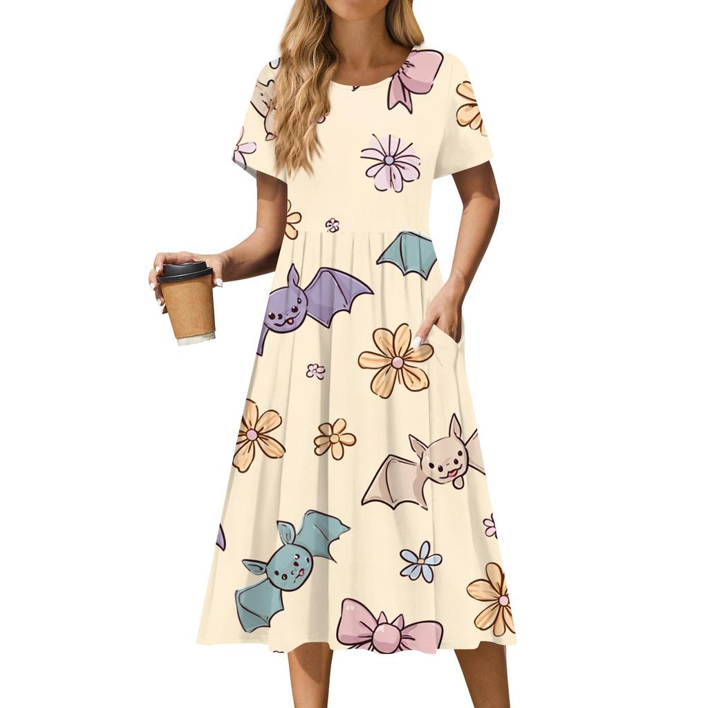 Women's Casual Fashion Halloween Printed Short Sleeve Round Neck Dress