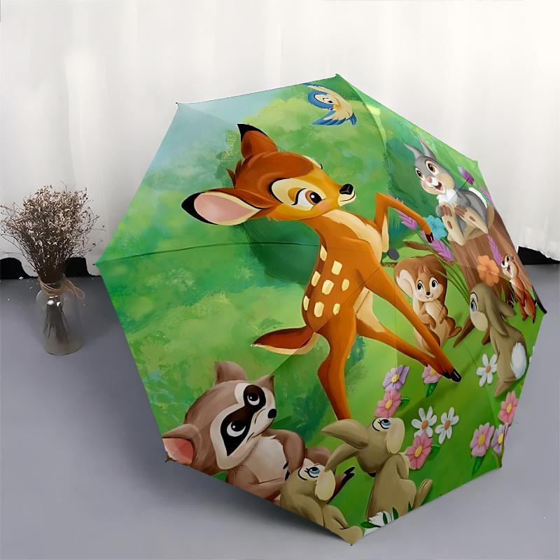 Bambi, Forest Friends Automatic Opening and Closing Umbrella - 8 Ribs Portable Folding Umbrella with Plastic Handle, Suitable for Leisure an