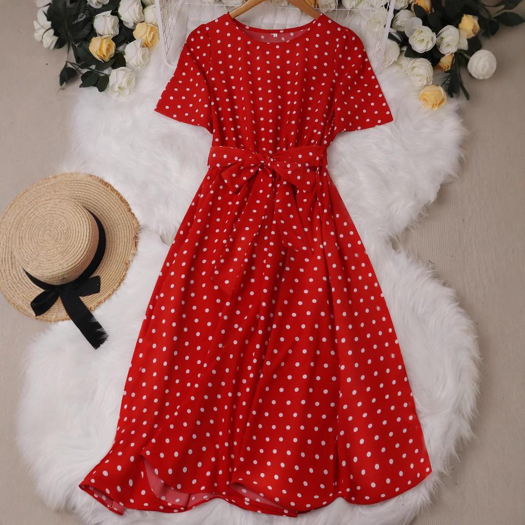 Women Retro Elegant Round Neck Short Sleeve Polka Dot Waist Tied Flared Midi Dress