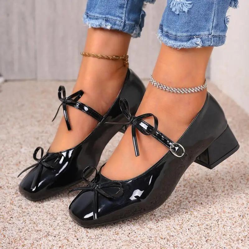 Retro Bowknot Decoration Red Mary Jane Shoes Women 2025 Summer Medium Heel Sandals Sweet Lacquer Leather Party Dress Shoes