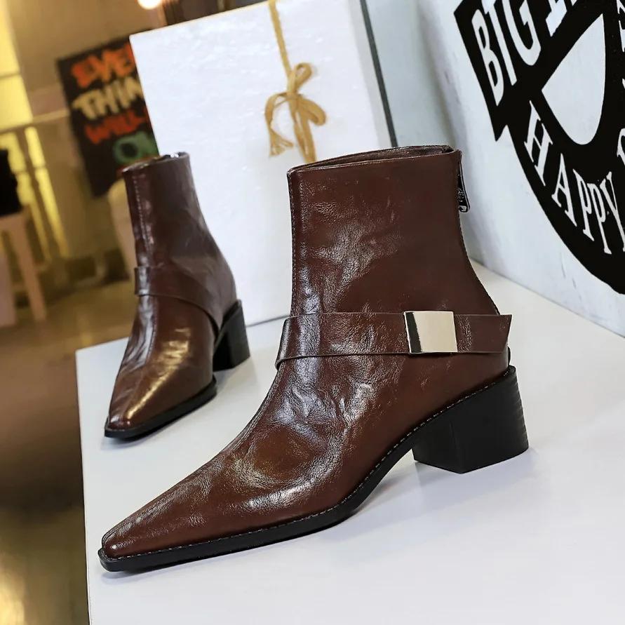 BIGTREE Women s Ankle Boots Fashion Pointed Toe Short Botas Ladies Elegant Square Low Heel Metal Decoration Women Footwear 35 6730₽