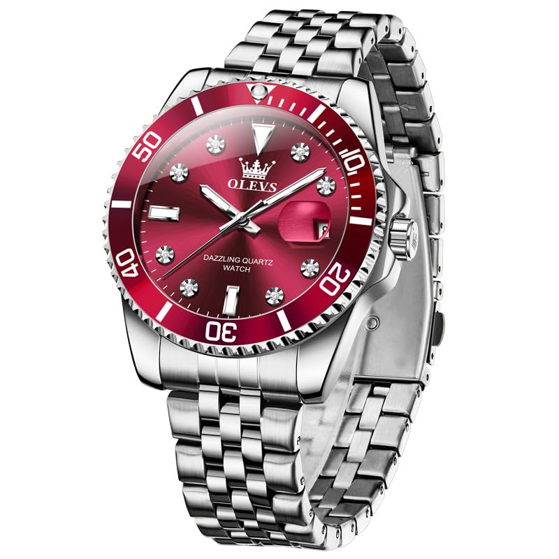 OLEVS Men's Quartz Watch, Business Style, Stylish, Waterproof, Diamond-Inspired, Metal Band, Date Display, Luminous, Gift, Red