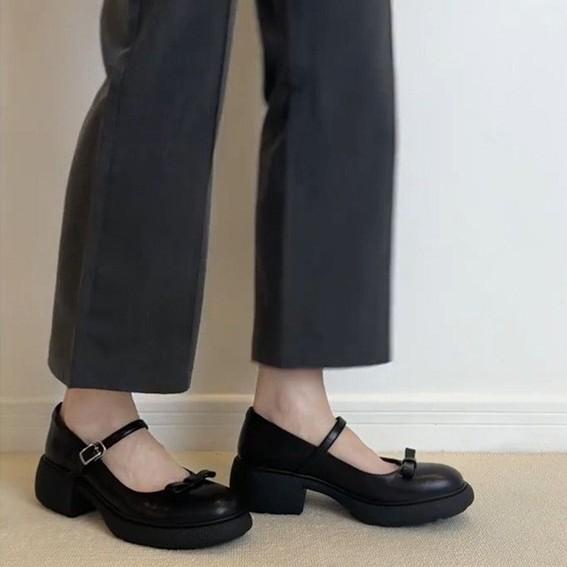 Sheepskin~ Retro Leather Bow Thick-soled Black Mary Jane Single Shoes Women's Word with Commuting Light Mouth Small Leather Shoes