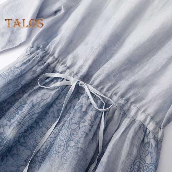 Sommerkjole for kvinner i plussstørrelse i lin, avslappet blomstermønstret rund hals 3/4 erme midikjole løs flytende strandkjole