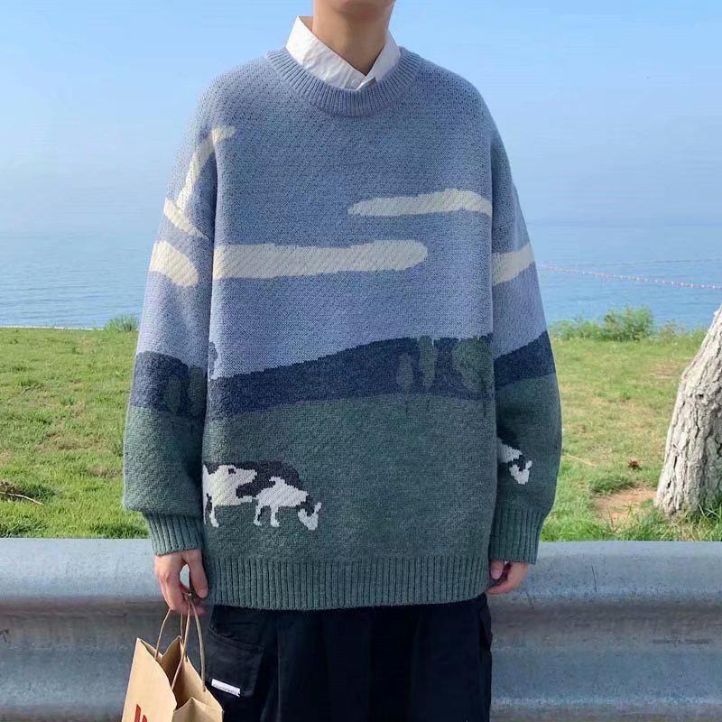 Herren Strickpullover im japanischen Stil mit Kuhmuster - Trendiger Rundhals-Pullover