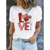 European Size Women's Valentine's Day Love Letter T-Shirt Short Sleeve Crew Neck Top with Leopard Print&Plaid Hearts Casual Spring Summer Outfits