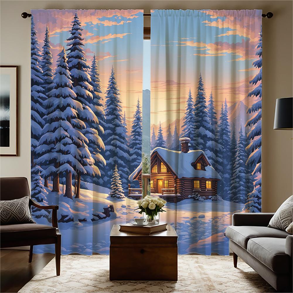 Piece Set High Definition Digital Printed Curtainwinter Snowy Forest Cabin Warm Light Curtainshome Decoration St Curtain Polyester With Rod Pocket