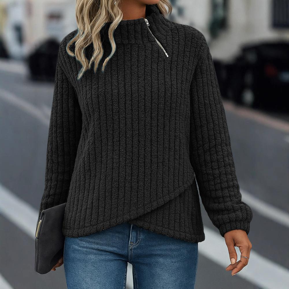 Women's Fashionable Solid Color Round Neck Long Sleeved Pullover Zipper Warm Casual Loose Sweatshirt Top