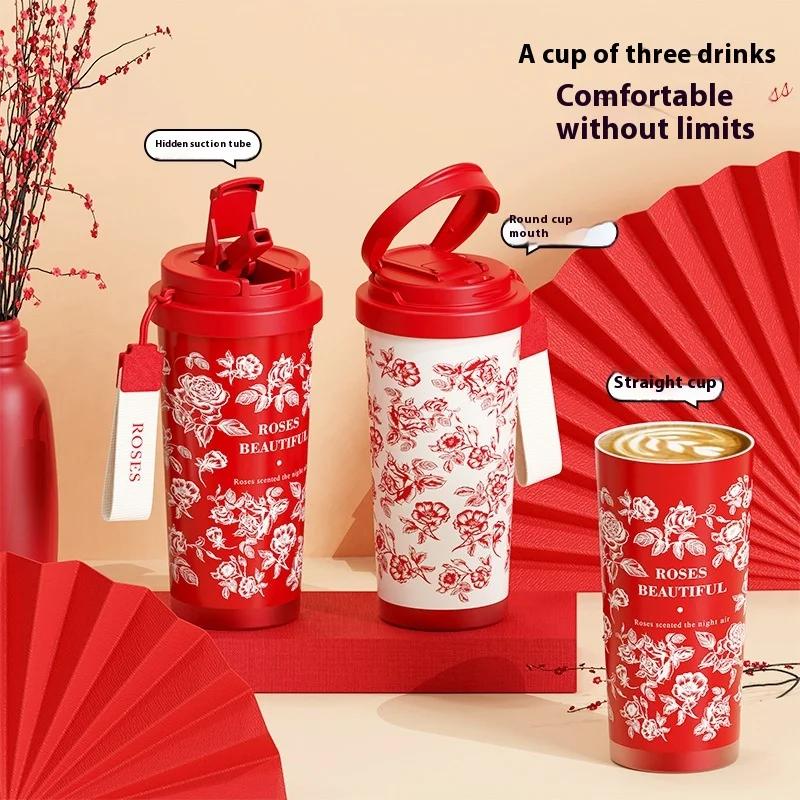 316 Lily the Valley Flower Coffee Cup Red Rose Flower Vacuum Cup Sport Water Cup Outdoor Safe Insulated Drinking Cup Coffee Mug