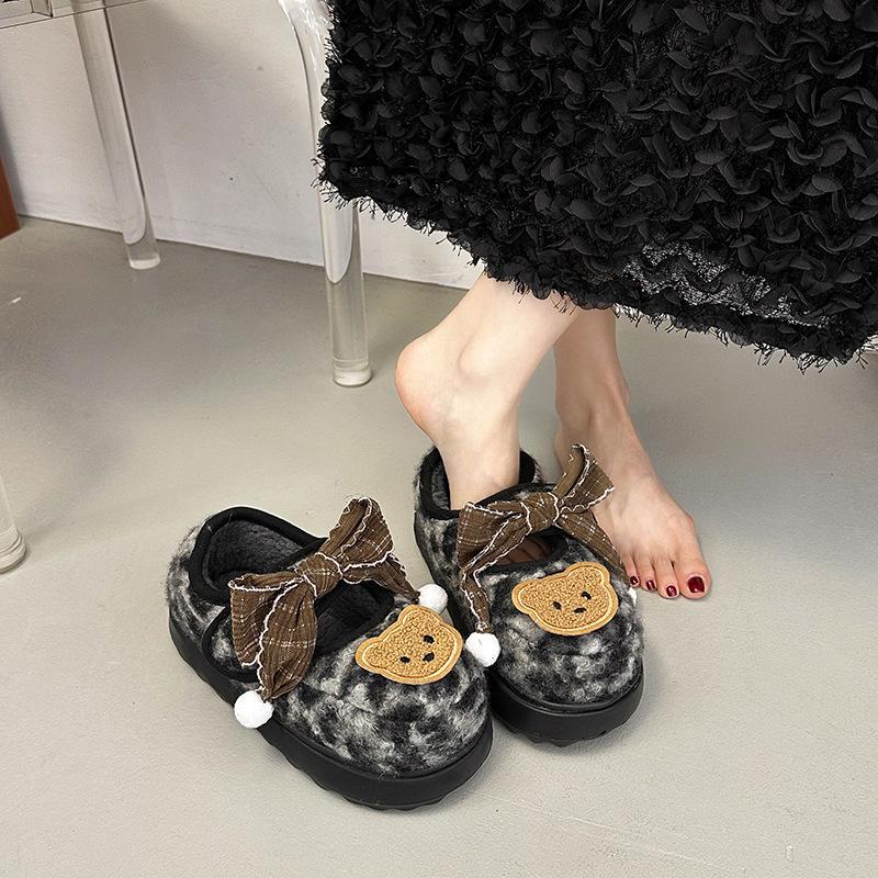 Leopard print broken diamond flat Mary Jane shoes cartoon platform fluffy shoes women's autumn and winter fashion versatile cotton shoes plush sing