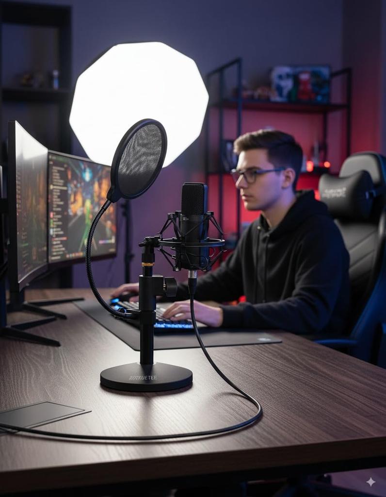 ROTKUEIEE Desktop Microphone Stand Shock Mount Pop Filter Adjustable Noise Telescopic Design for Condenser Suitable for and Includes Microphone Holder