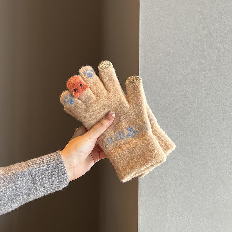 Cute Plush Gloves Women Winter Thick Warm Touchscreen Knit Wool Cycling Cold Proof Finger Gloves Student Winter