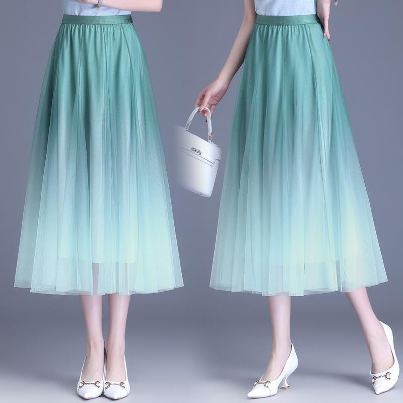 Lila Faltenrock auf beiden Seiten Damen Sommer Pendel Mesh Rock Einfarbig Langer Rock Ein Wort Damen Drapieren Rock 2024