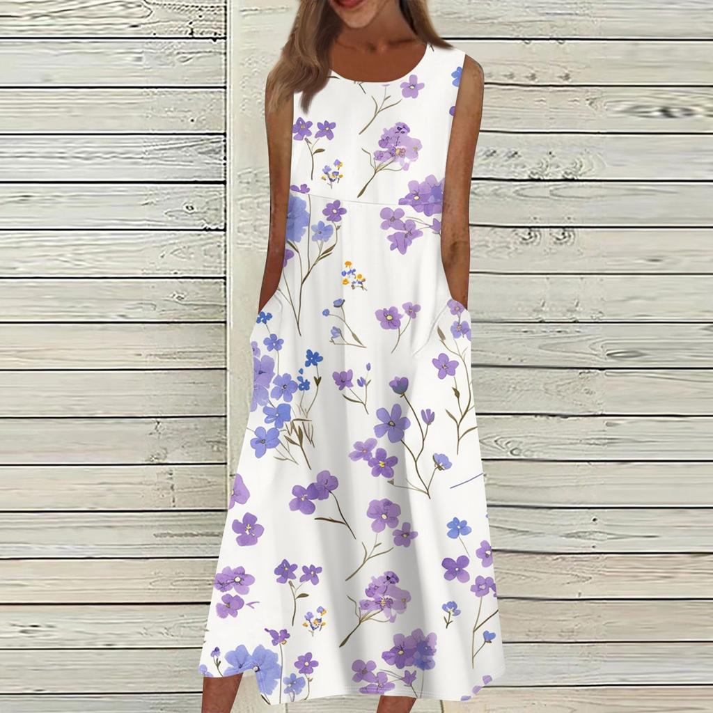 Women's Casual Printed Dresses Round Neck Basic Classic Outdoor Daily Sleeveless Loose Dresses