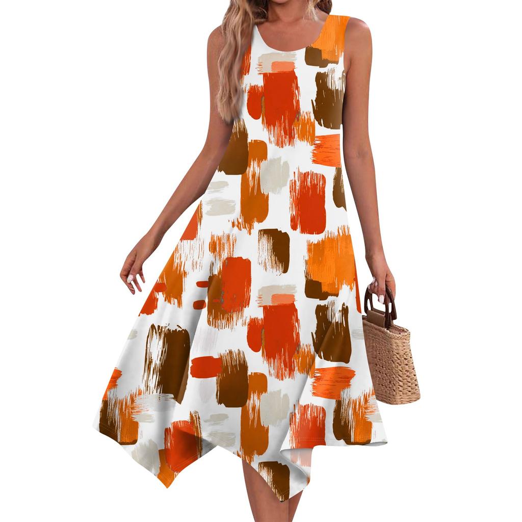 Women's Casual Fashion Round Neck Sleeveless Print Irregular Hem Midi Dress Hem Midi Dress