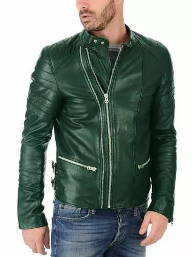 Lammfell Weiche Stilvolle Herrenjacke Grün Echtes Lammfell Echtleder Handgefertigt