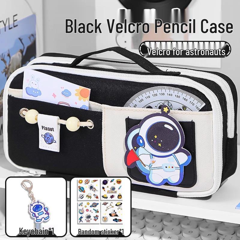 Send Astronaut Velcro! Boys' Black Dirt-Resistant Pencil Case, Hand-Carry, Large Capacity, New 2025 Style.