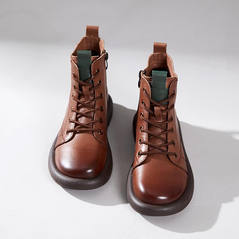 

Первый слой коровьей кожи, короткие ботинки для женщин на осень и зиму 2025 года, новые ретро полированная кожа, плоская подошва, на шнуровке, ботинки Мартин 40