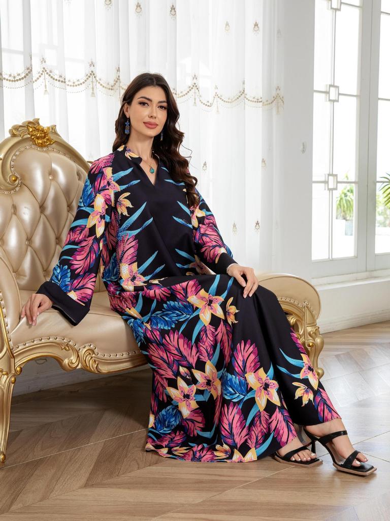 0808 Cross-Border Muslim Women's Printed Long Robe Dress - Middle East & Western Styles