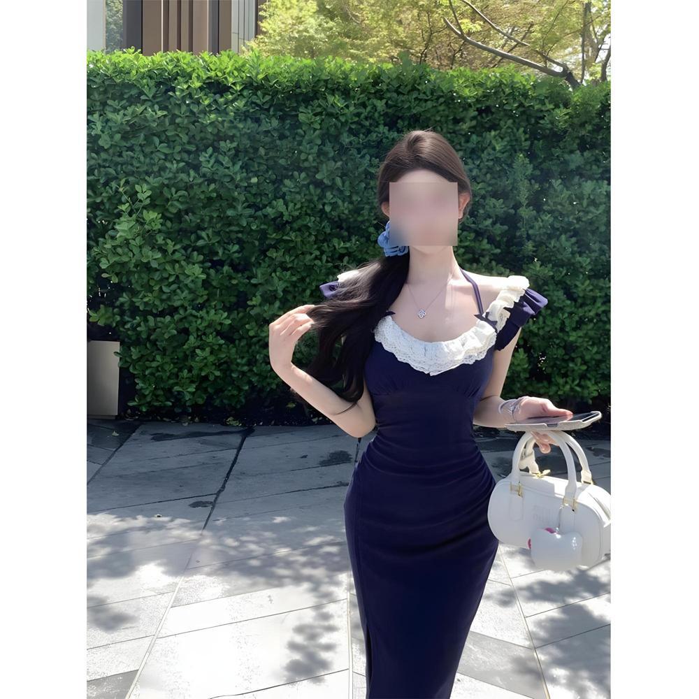 Black one-word shoulder neck dress women's summer temperament slim and thin split hip wrap long skirt