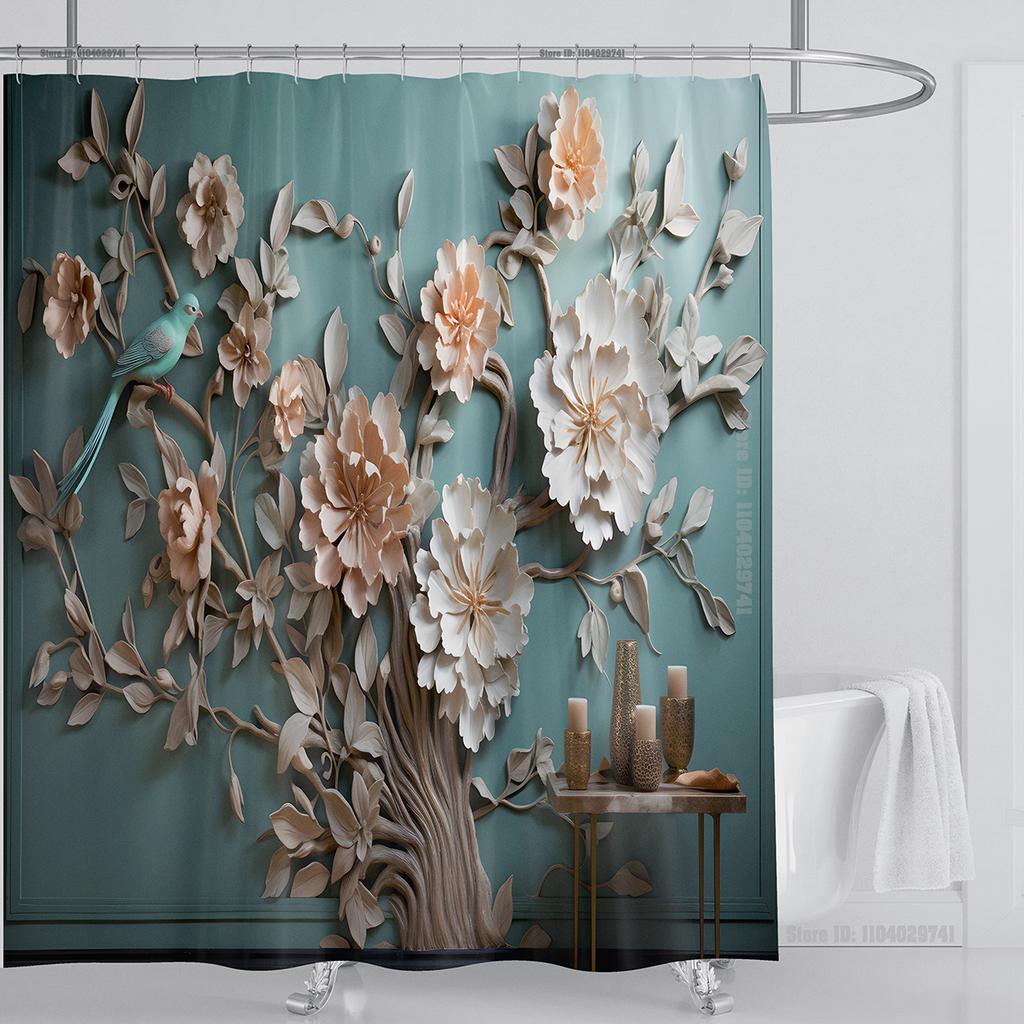 3D Stereo Beautiful Flower Printing Bathroom Curtain Waterproof Polyester Shower Curtain Home Decoration Curtain with Hooks
