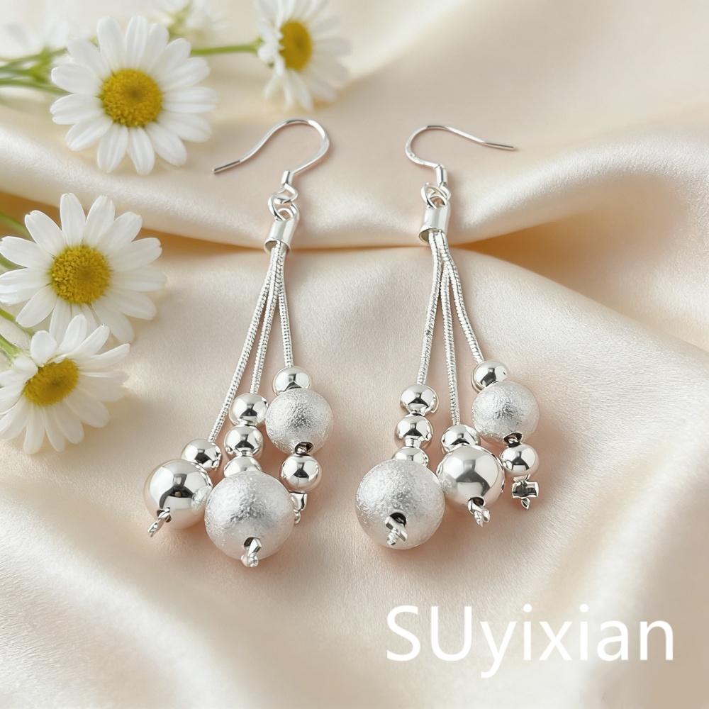 925 Sterling Silver Stylish Simple Three-Line Light Sand Bead Earrings Birthday Party Anniversary Gift Daily Wear серебряный