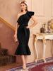 Black One-Shoulder Mid-Length Dress with Waist-Cut Design