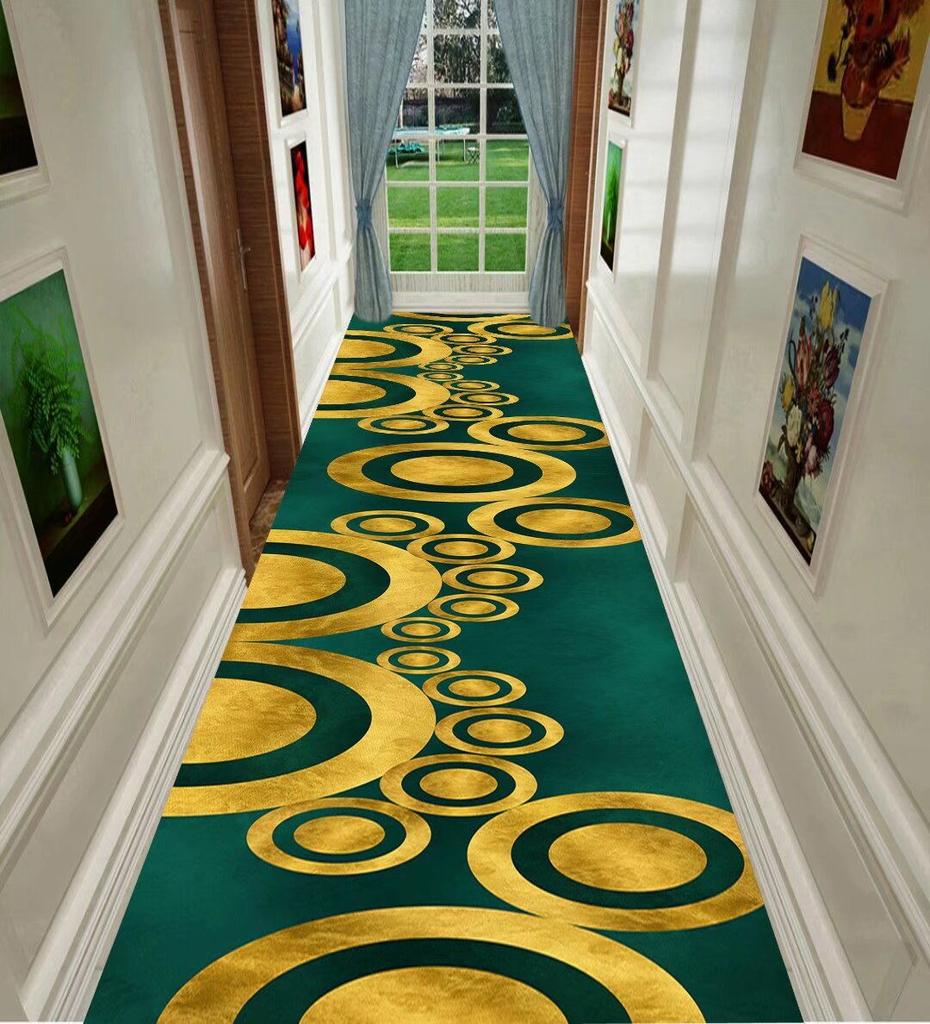 Modern Green Geometric Long Carpets Hallway Anti-slip Stairway Floor Mat Washable Luxury Rugs for Living Room Aisle Customizable