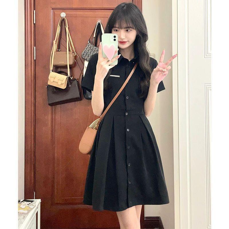 Black dress women's summer 2026 new Spice Girl bow polo collar small black dress waist thin shirt skirt