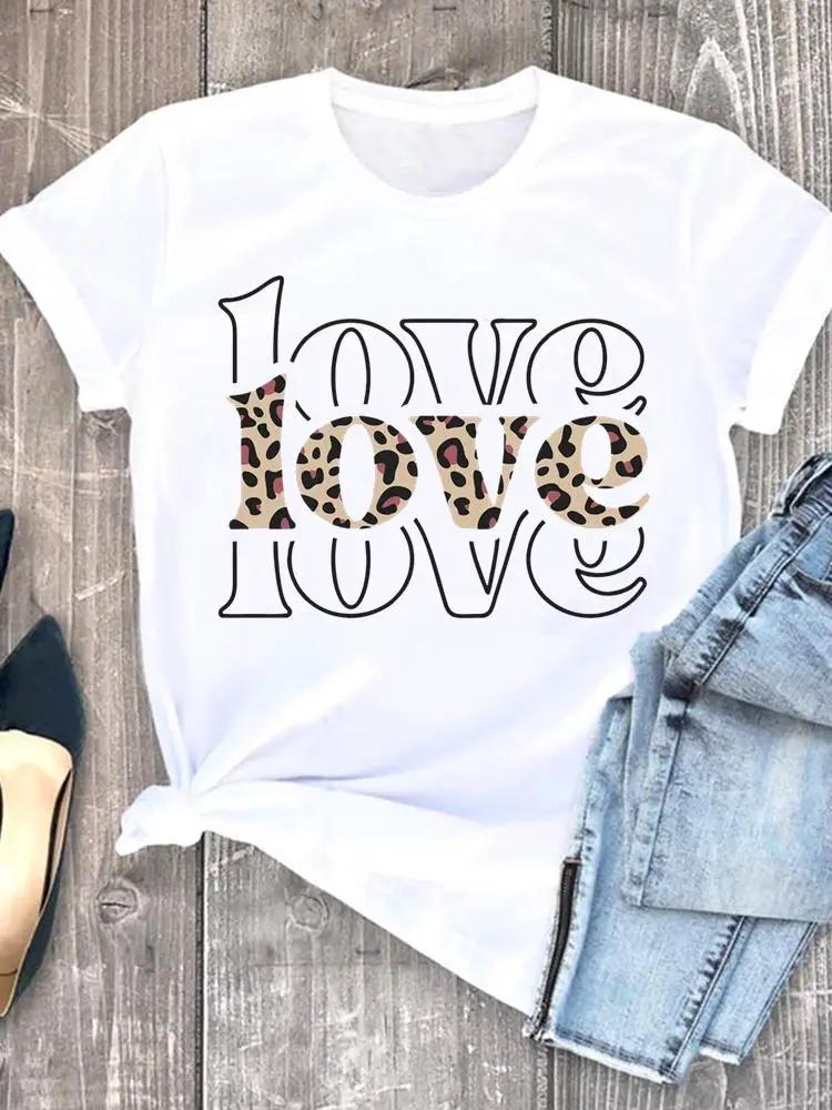 Women Tshirts Casual Sleeve Regular FeUnisex Graphic Tops Clothes Summer Clothing Leopard Heart Sweet Fashion Aesthetic Clothes
