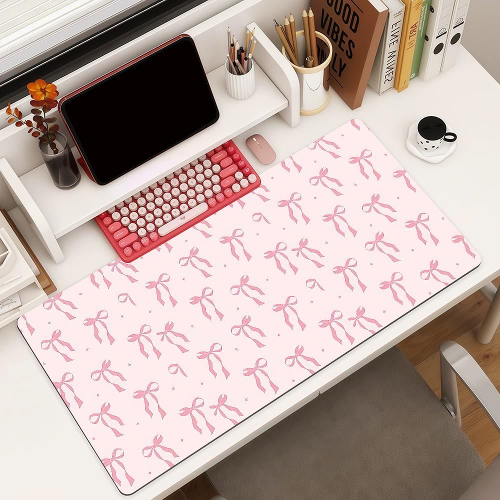 Pink Bow Mouse Pad Square Office Gaming Desk Mat Waterproof Nonslip Rubber Decorative
