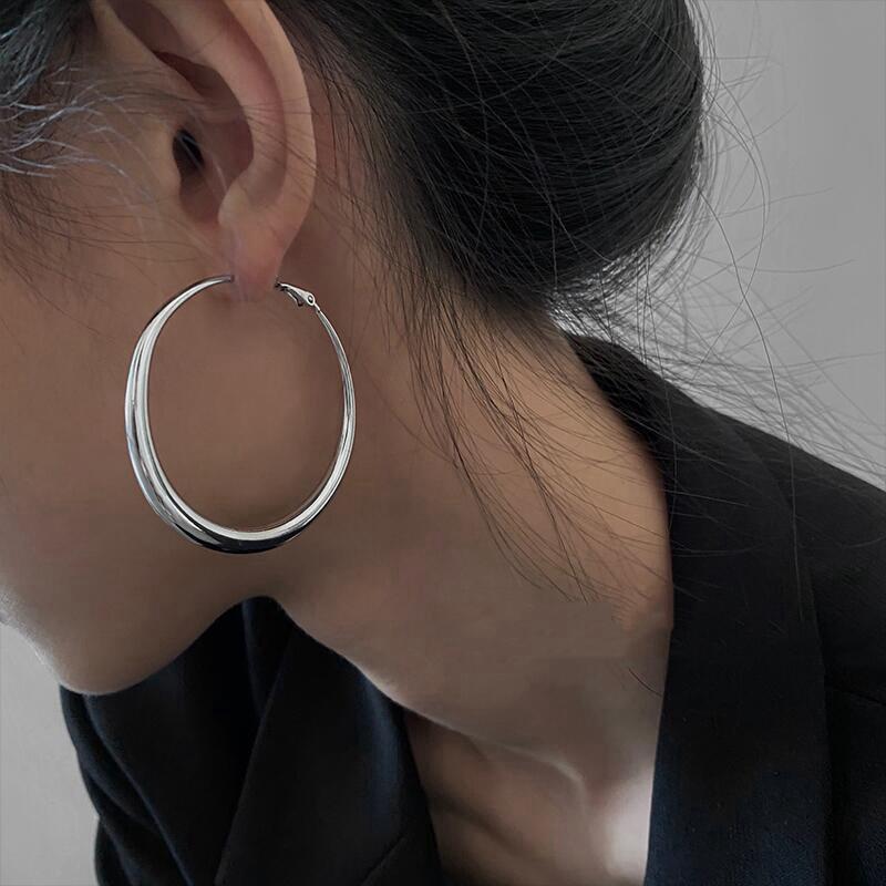 Vintage Sliver Color Big Square Hoop Earrings for Women Men Exaggerated Punk Metal Geometric Round Earrings Jewelry Gift
