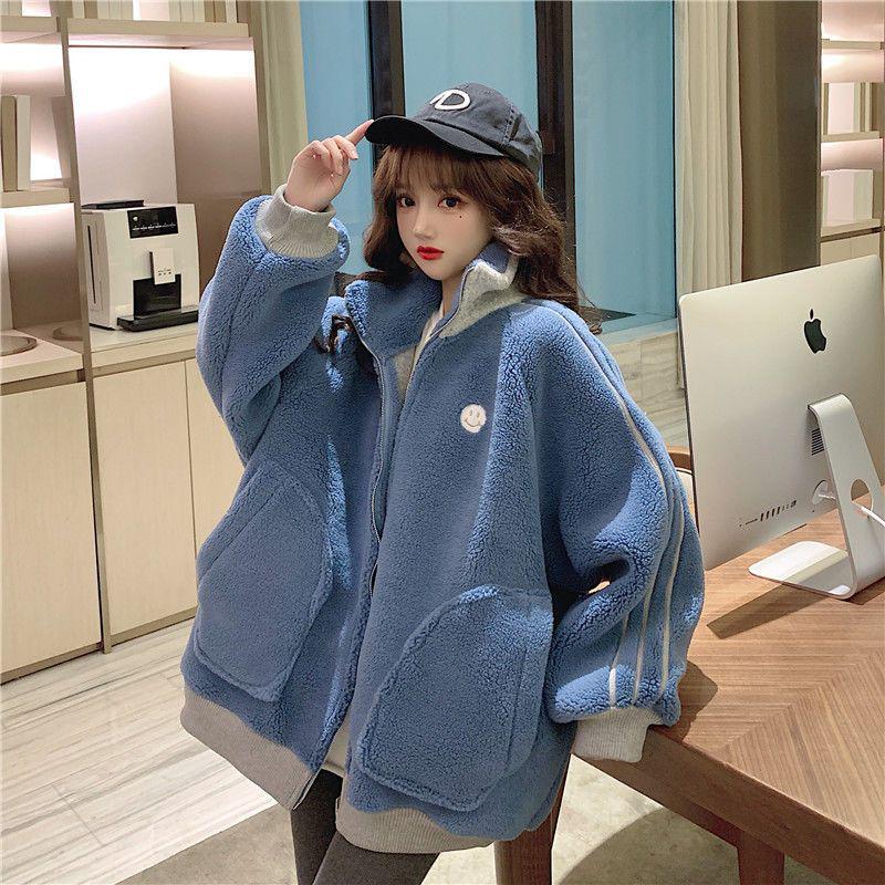 Women's Pink Lambswool Fleece-Lined Coat - Winter Korean Style Loose Cardigan with Stand Collar