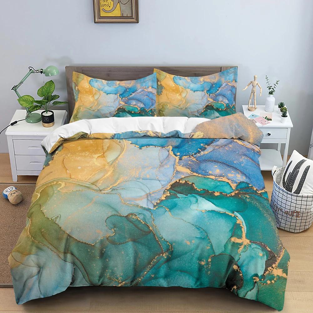 Chic Watercolour Marble Teal Blue Marble Duvet Cover Women Girl Gift Gold Fluid Stone Abstract Art Watercolor Bedspread Cover