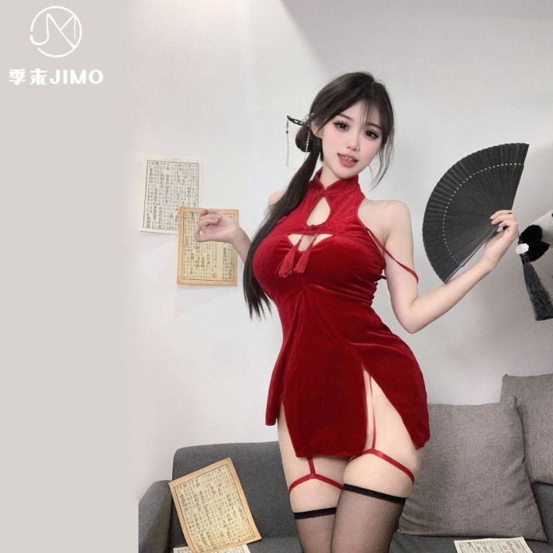 Sex Underwear Super Sweet Babes Sexy Retro Fringed Velvet Cheongsam Hanging Neck Off Shoulder Tight and Thin Skirt